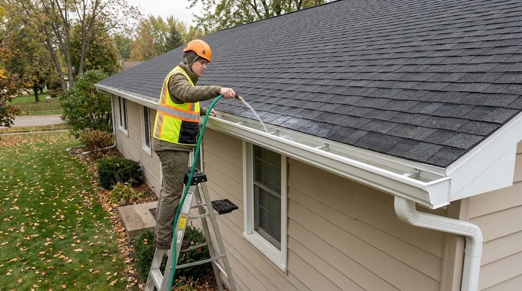 Testing rain gutter drainage with a garden hose
