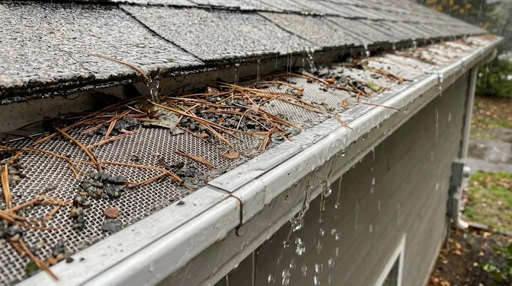 Clogged gutter guard causing rainwater to overflow