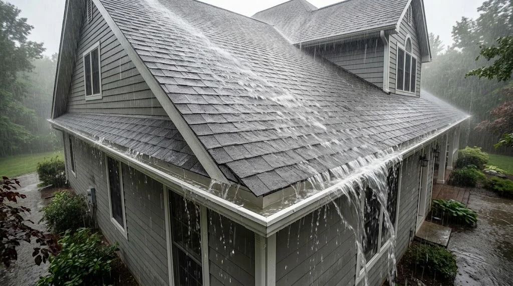 Undersized house gutters overflowing from heavy roof runoff