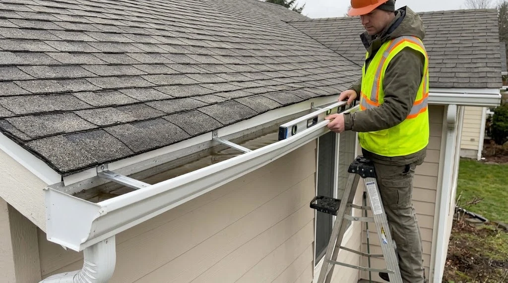 Incorrect gutter slope causing standing water in a clean rain gutter