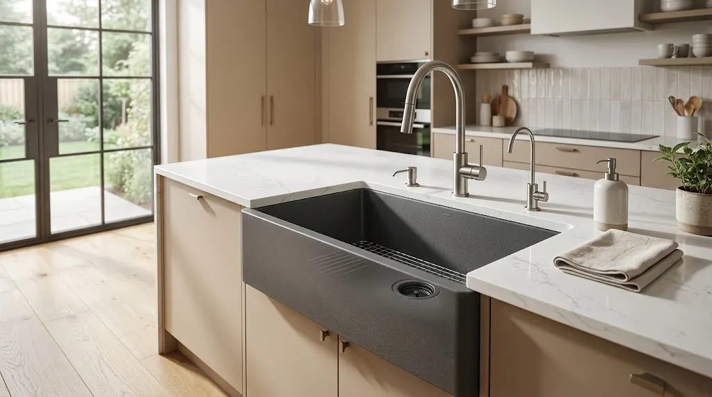 Charcoal grey quartz composite undermount sink in a contemporary kitchen