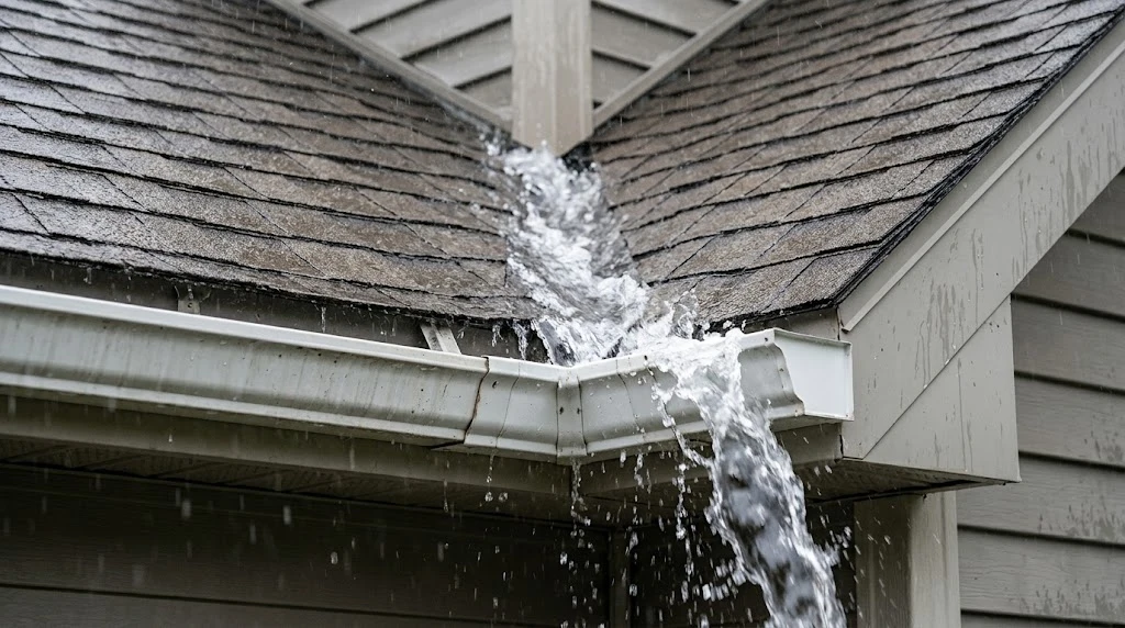 Heavy rainwater overshooting a gutter below a roof valley
