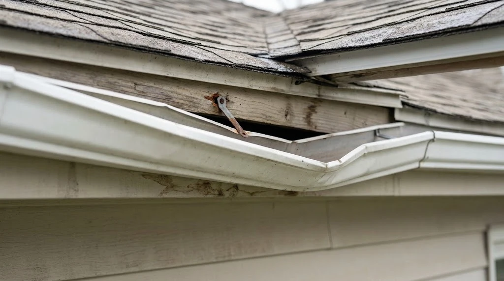 Sagging rain gutter with loose hangers and gap from fascia board