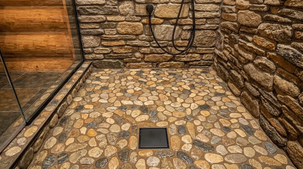 Rustic Cabin Shower: Ideas, Materials, and Setup Tips 3 Pebble tile rustic shower floor sloping toward the drain