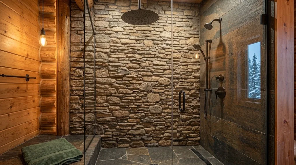 Rustic Cabin Shower: Ideas, Materials, and Setup Tips 2 Stone tile and cedar wall materials for a rustic cabin shower