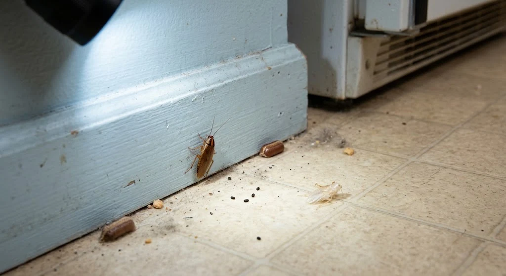 Cockroach droppings egg case and shed skin behind a refrigerator