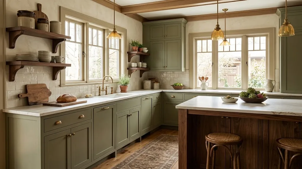 Muted sage green kitchen cabinets with warm wood accents