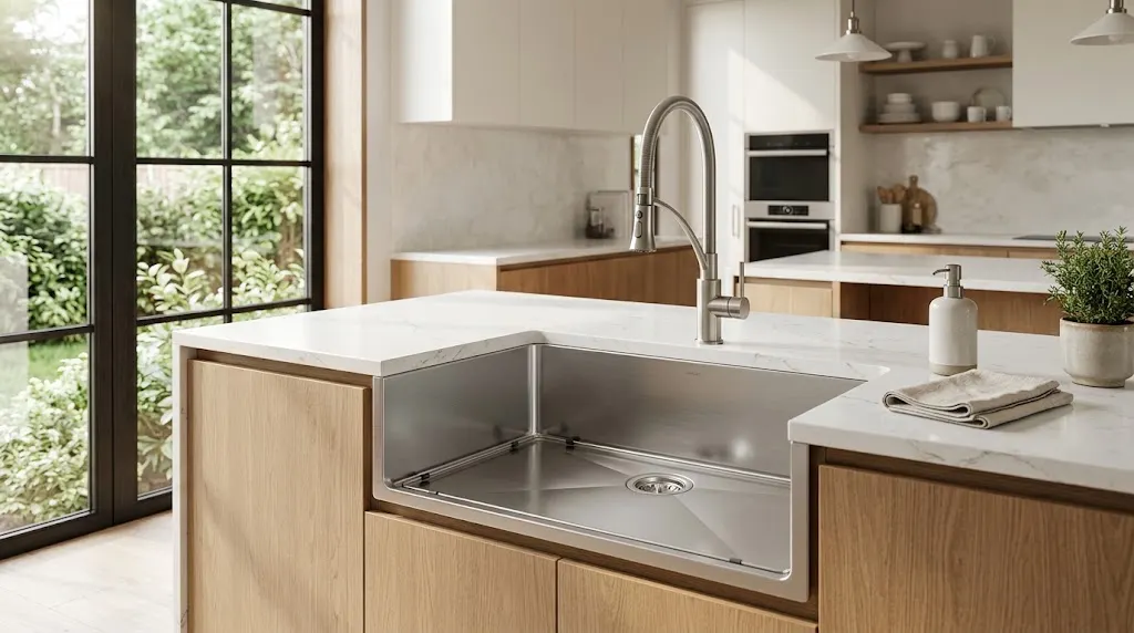 Deep stainless steel undermount kitchen sink with modern faucet
