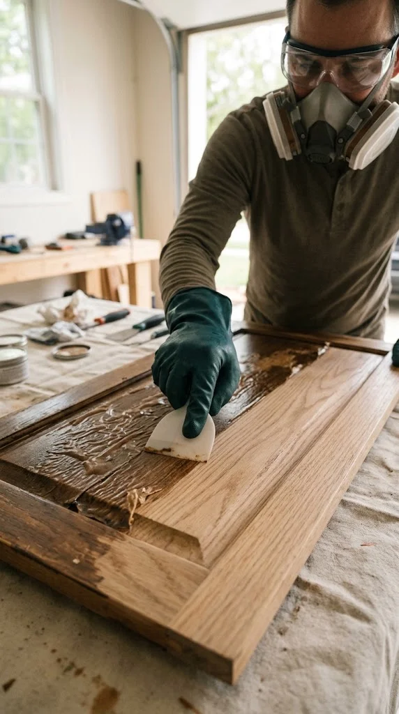 Removing old wood finish with chemical stripper and scraper