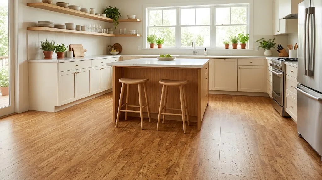 Natural cork flooring in an eco-friendly kitchen