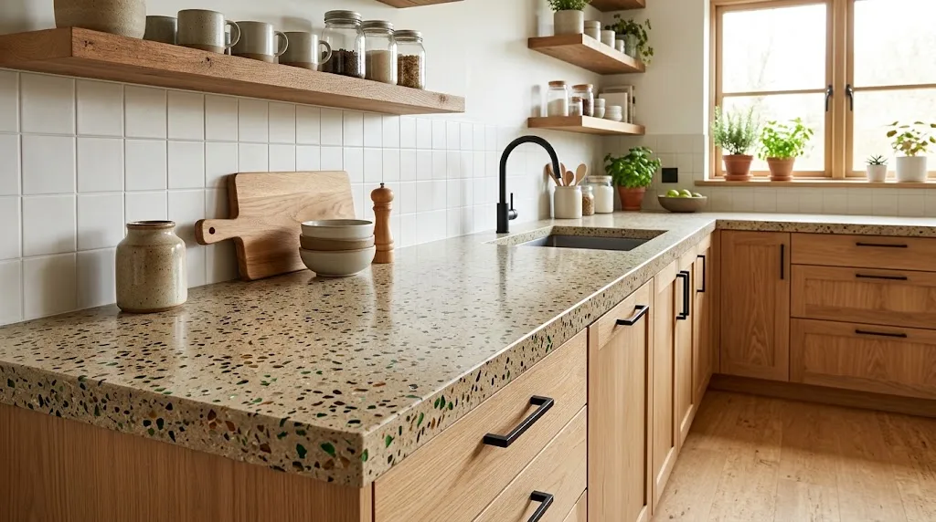 Recycled glass countertop in a sustainable modern kitchen
