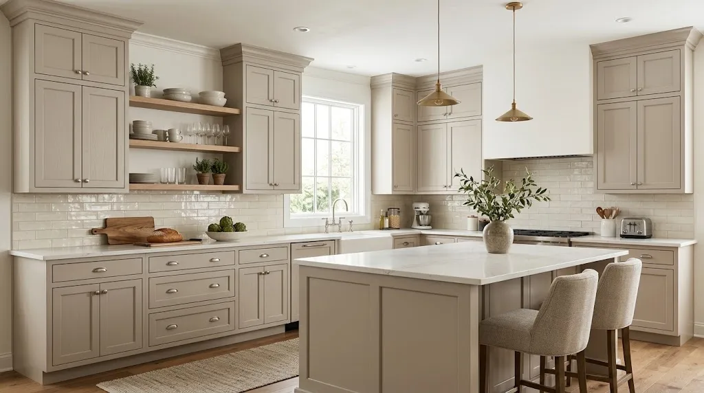 Light taupe kitchen cabinets with neutral countertops