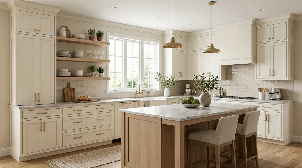 Warm off-white kitchen cabinets with marble countertops