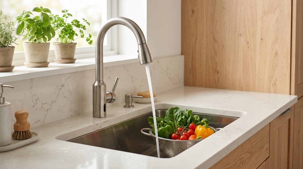 Touchless water-saving kitchen faucet with modern sink