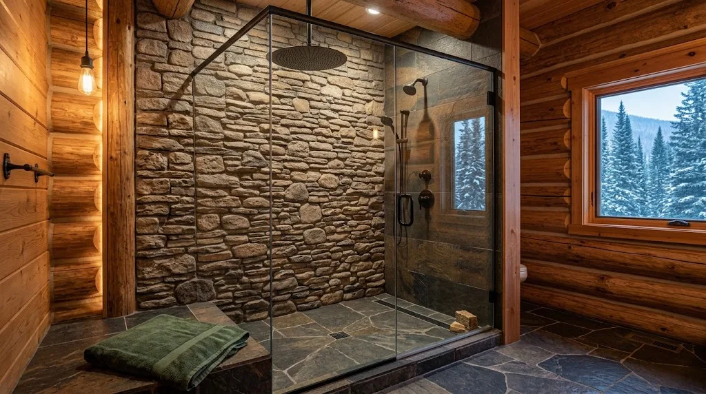 Rustic Cabin Shower: Ideas, Materials, and Setup Tips 1 Rustic shower design with natural stone cedar and matte black hardware