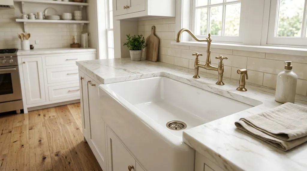 White fireclay undermount sink in a traditional farmhouse kitchen