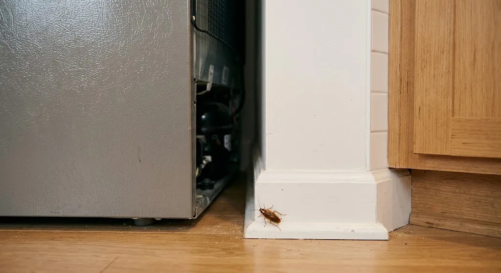 Cockroach hiding near a kitchen appliance