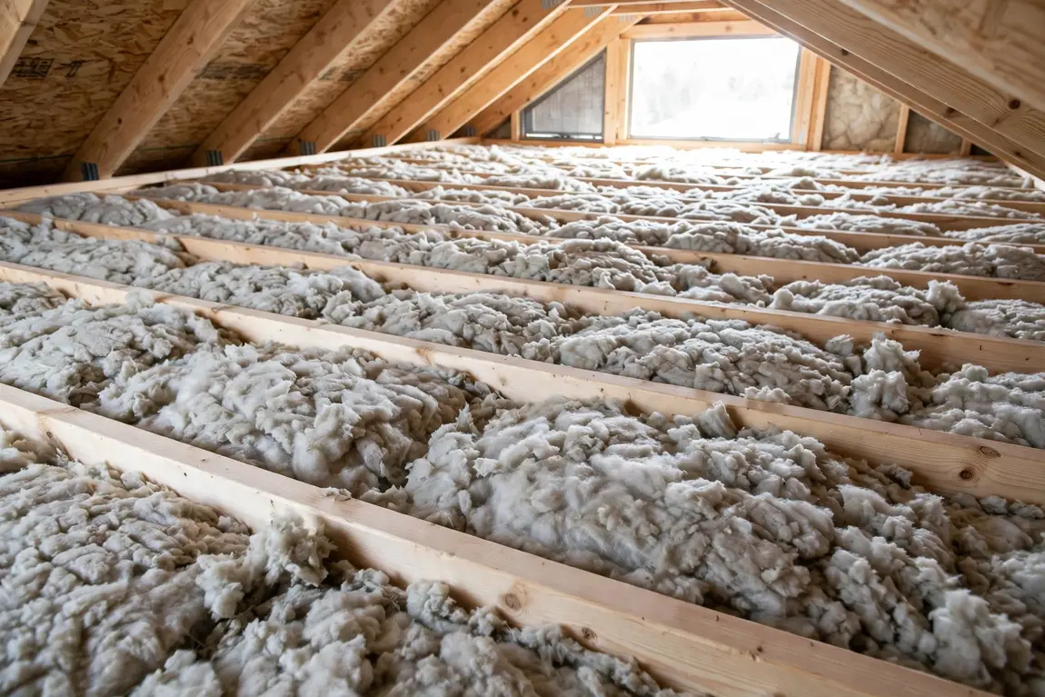 attic insulation cost shown by fresh blown-in insulation filling a clean attic between the joists