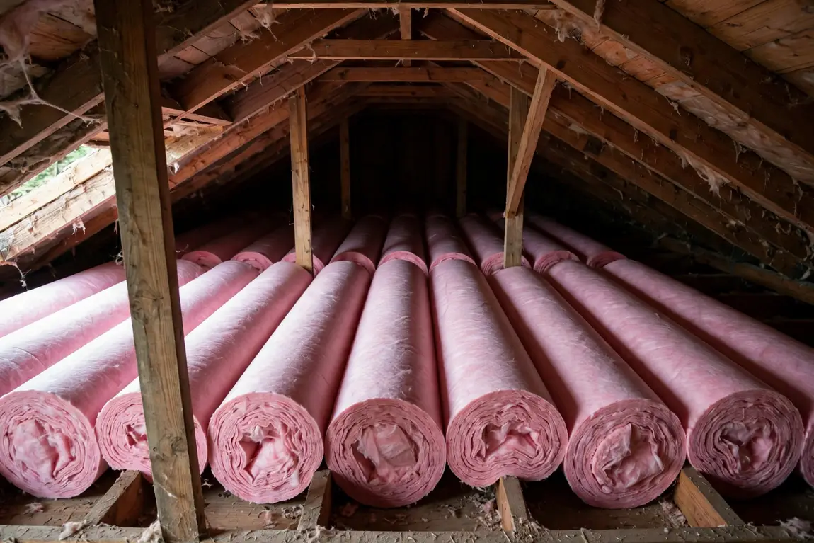 Neatly laid rolls of pink fiberglass batt insulation between attic joists