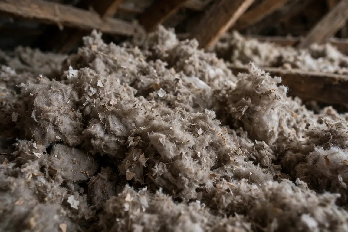 Close-up of thick blown cellulose insulation showing its depth in an attic