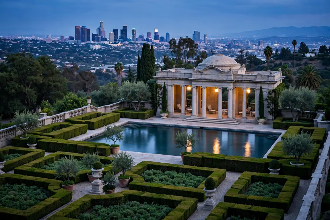 Pool pavilion and formal gardens of a Bel-Air estate at dusk with city views