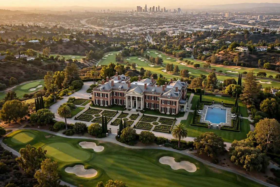Aerial view of the historic Casa Encantada estate in Bel-Air with gardens and a pool