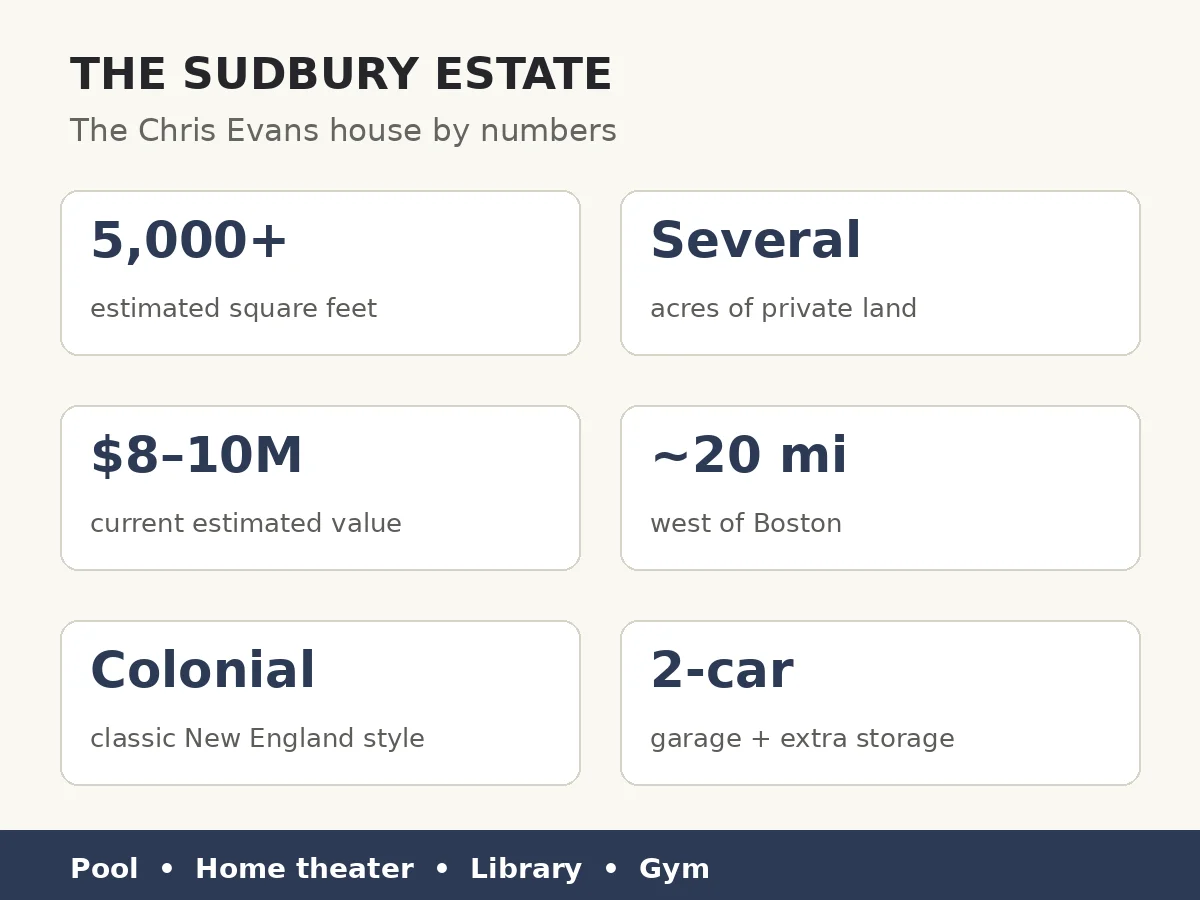 Exploring the $10 Million Chris Evans House Tour in Sudbury, Massachusetts 2 Chris Evans Sudbury house by numbers — more than 5,000 square feet on several acres, about 20 miles west of Boston, worth an estimated $8 to $10 million