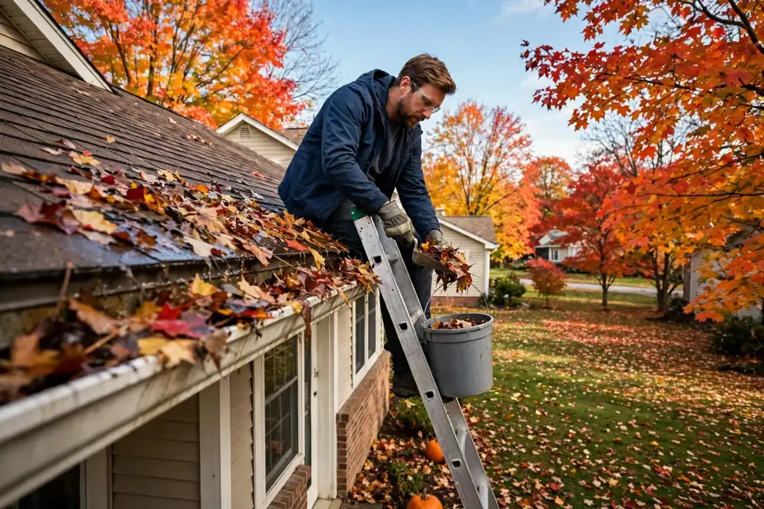 Homeowner on a ladder cleaning autumn leaves out of house gutters