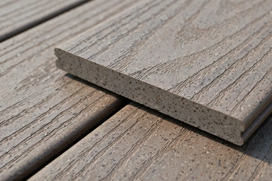 Close-up of composite decking boards showing texture and a clean finished edge