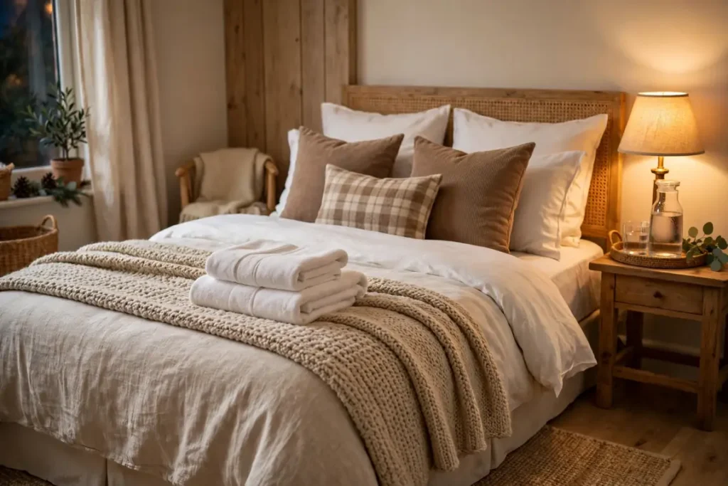 Cozy guest bedroom with fresh bedding and folded towels ready for overnight guests