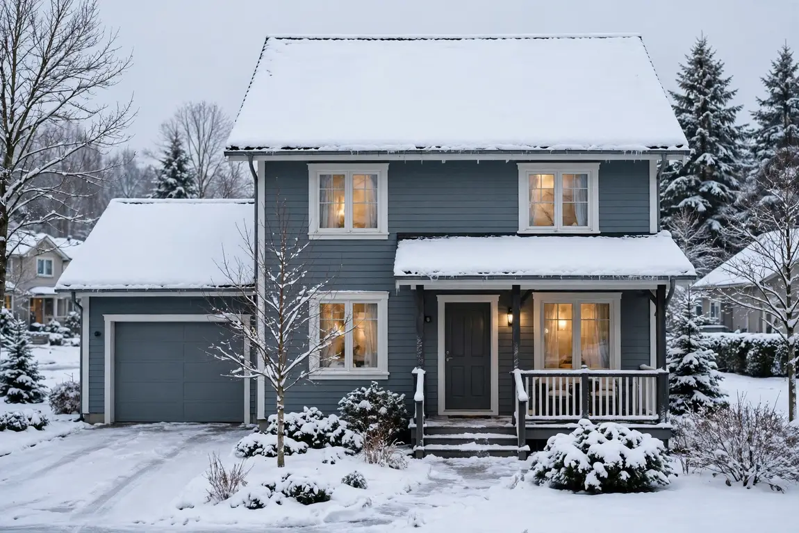 Cozy suburban home in winter with an even layer of snow on the roof