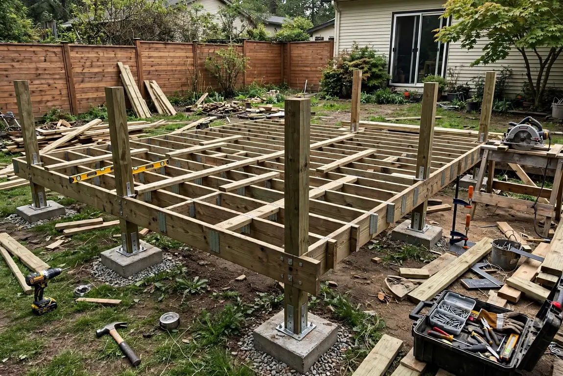 Deck framing under construction in a backyard with joists, posts, and tools nearby