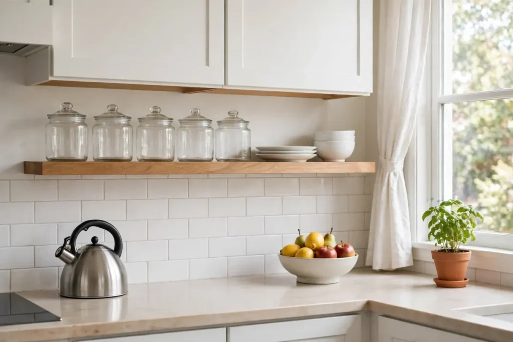 Decluttered kitchen with clear counters, matching glass storage jars and tidy open shelves