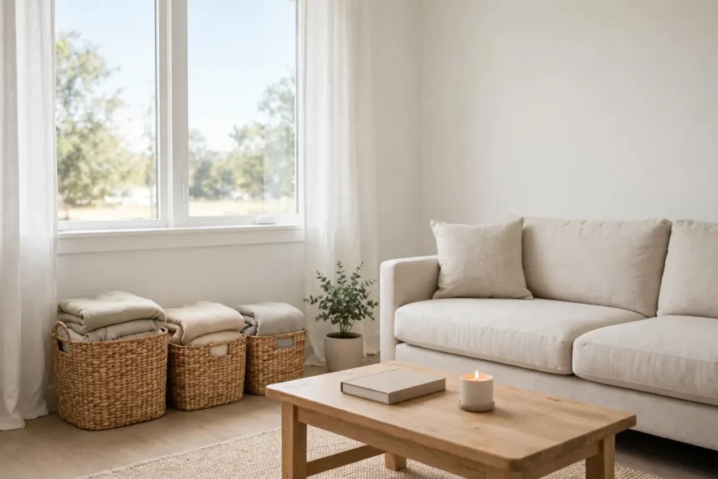 Decluttered and tidy living room with clear surfaces, woven storage baskets and a neutral sofa