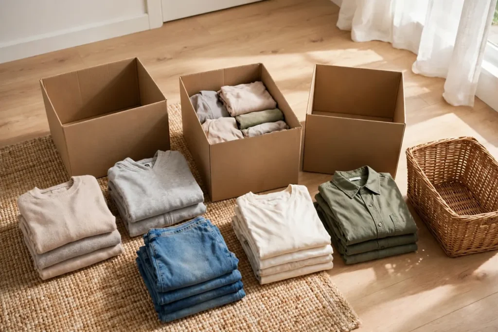 Decluttering in progress with clothes sorted into cardboard boxes using the four box method