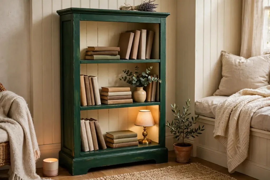 Refreshing Furniture Makeovers with Paint: 15 Ideas, Costs & a Step-by-Step Guide (2026) 3 Bookshelf painted deep green with a cream-painted back panel in a reading corner