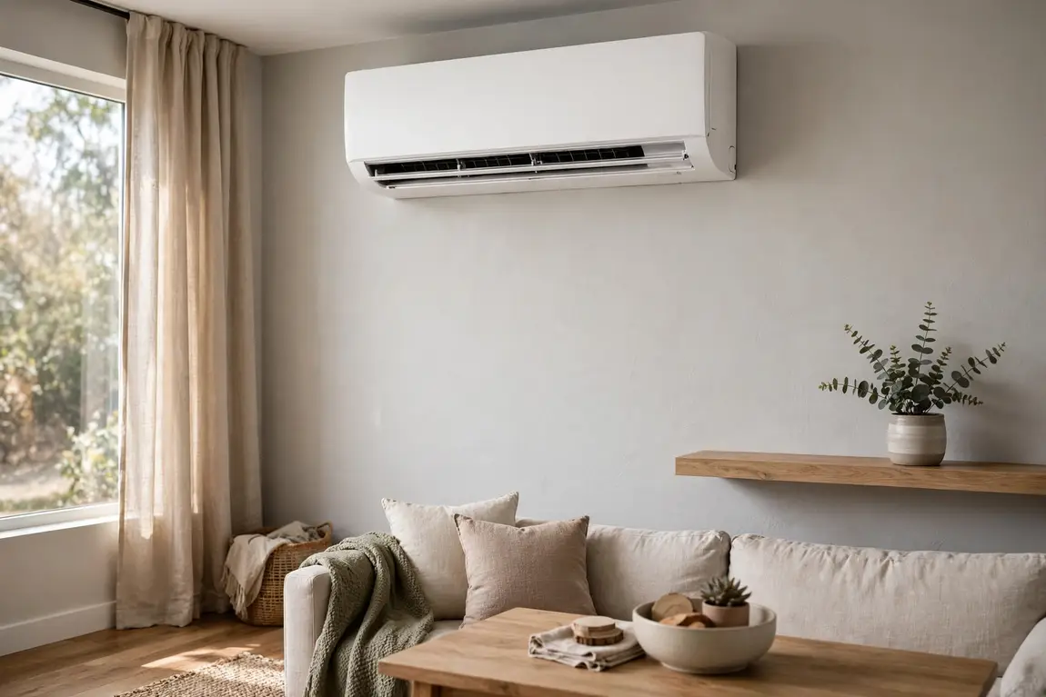 Indoor ductless mini-split head unit mounted high on a living room wall