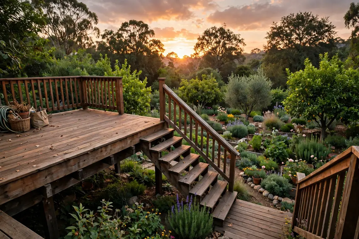 Elevated deck with stairs overlooking a garden at sunset