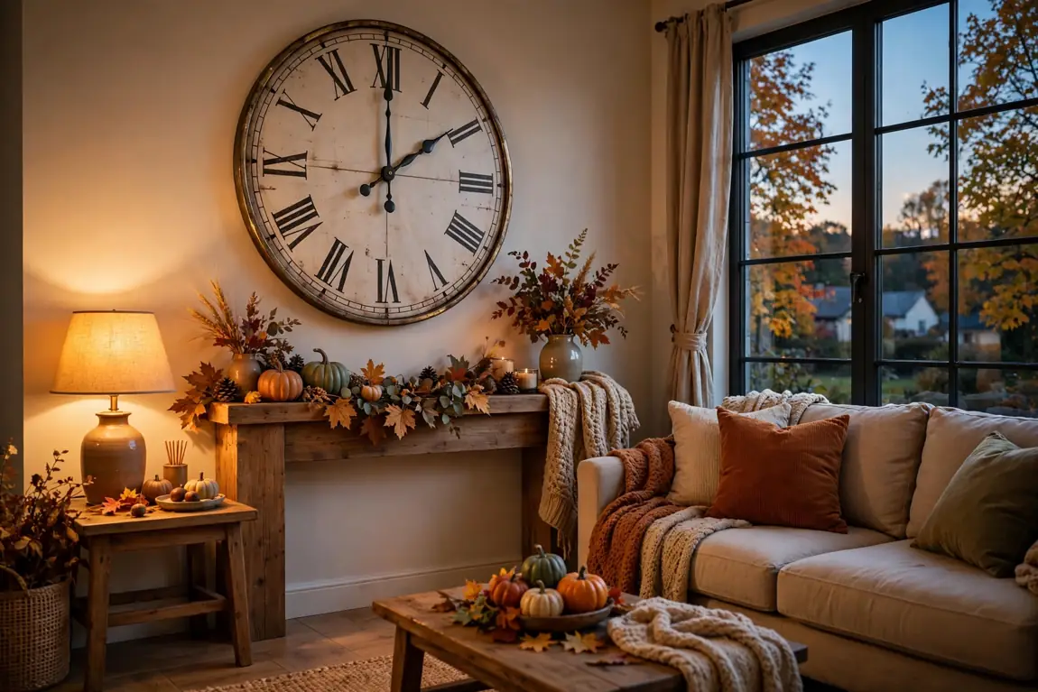 Wall clock in a cozy autumn living room at dusk when the clocks go back
