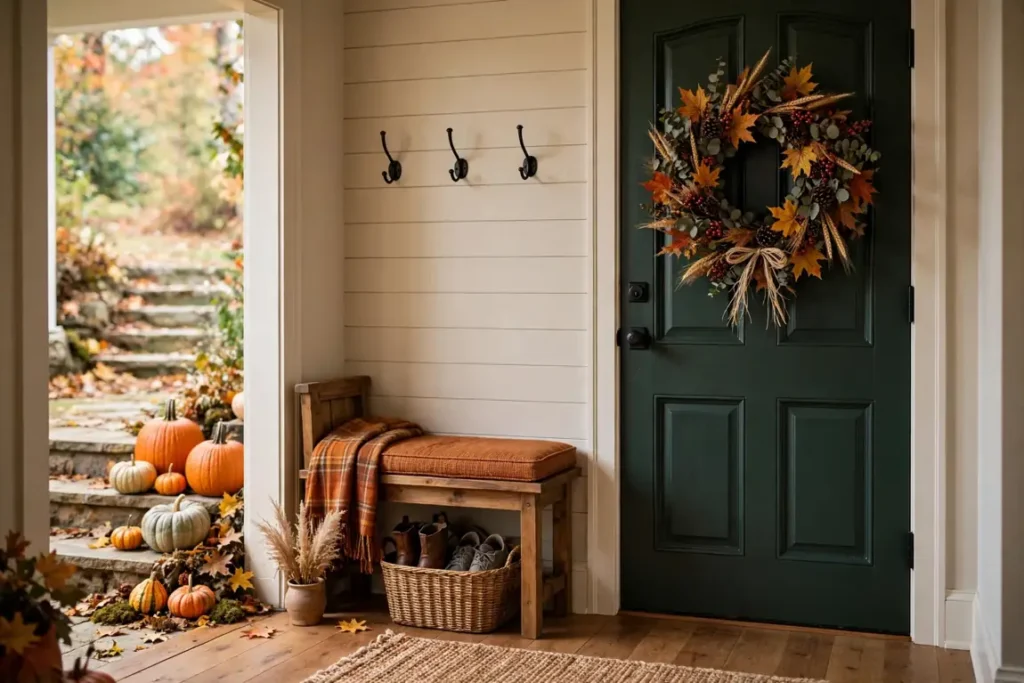 Welcoming fall entryway with an autumn wreath, coat hooks and shoe storage