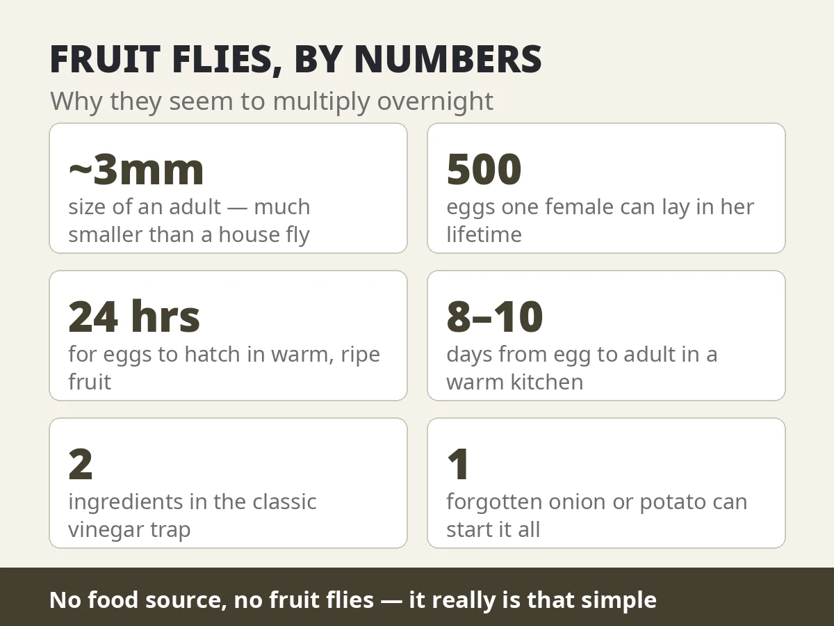 How to Get Rid of Fruit Flies: The 3-Day Fix That Actually Works 2 Fruit flies by numbers — 3mm size, 500 eggs per female, eggs hatch in 24 hours, 8 to 10 days egg to adult