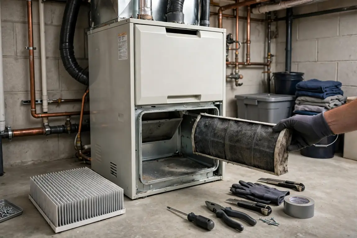 Replacing a furnace filter during a home heating system check