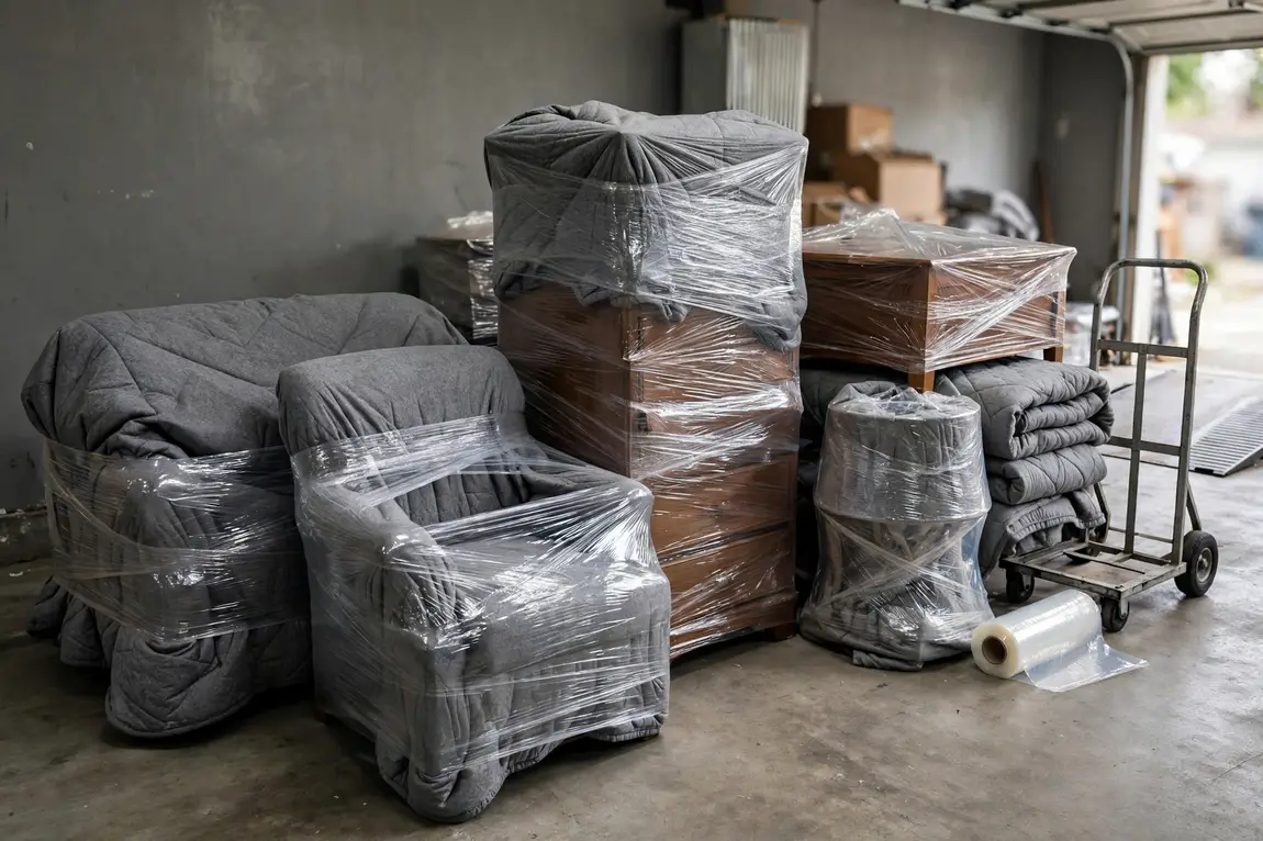 Furniture wrapped in moving blankets and stretch wrap ready for loading onto a truck