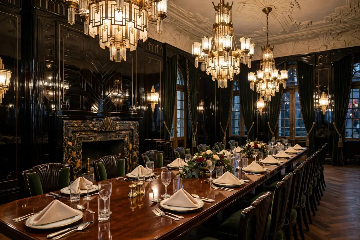 Formal lacquered dining room with chandeliers in a grand historic mansion