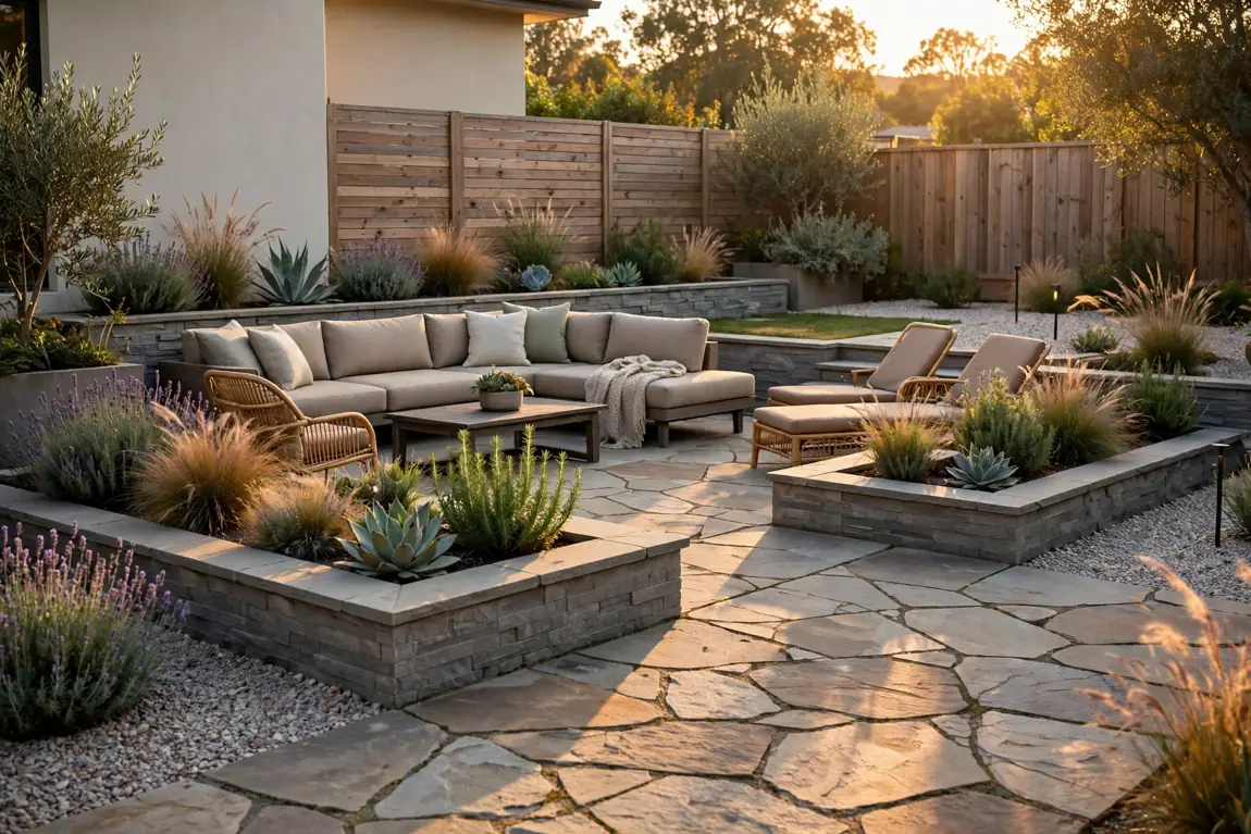 Backyard hardscape patio with stone pavers, gravel and raised planters