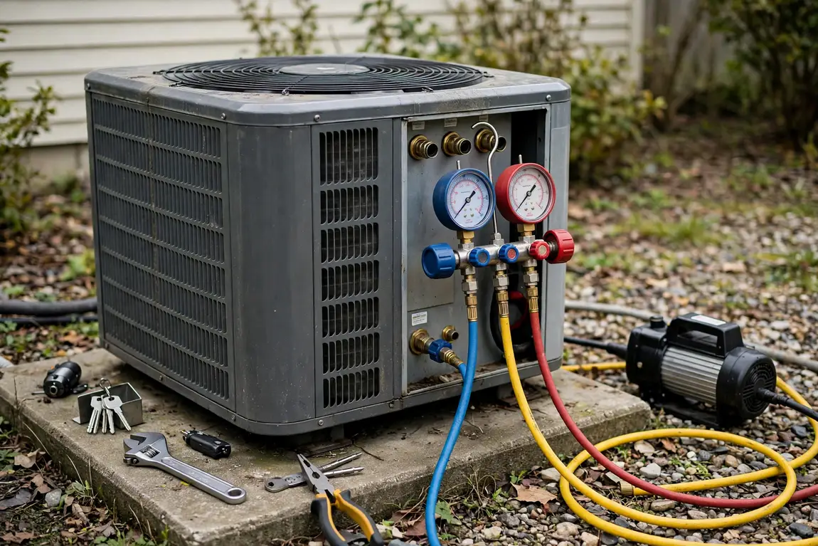 HVAC gauges and tools connected to an outdoor heat pump unit during servicing