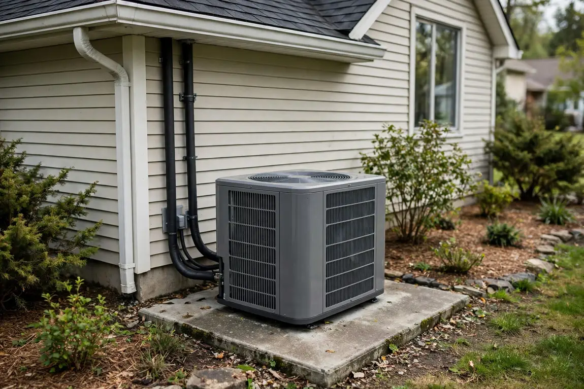 heat pump installation cost shown by a modern outdoor heat pump unit installed beside a suburban house on a concrete pad