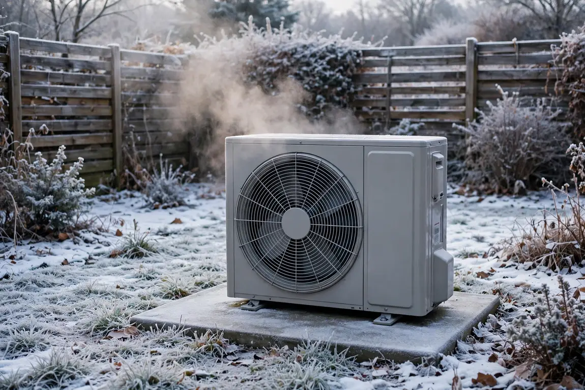 Outdoor heat pump unit running in a snowy yard with light frost in winter