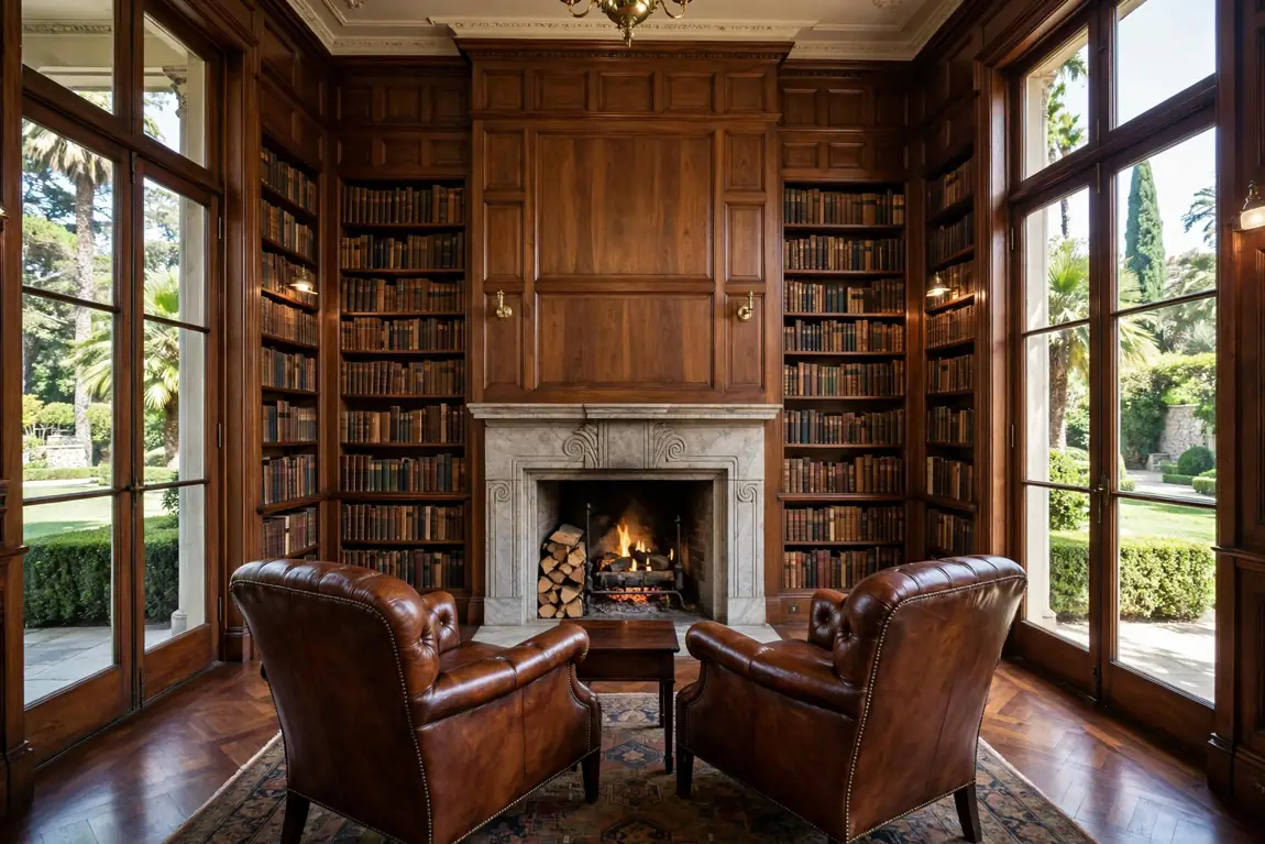 Walnut-paneled library with bookshelves and fireplace inside a historic Bel-Air mansion