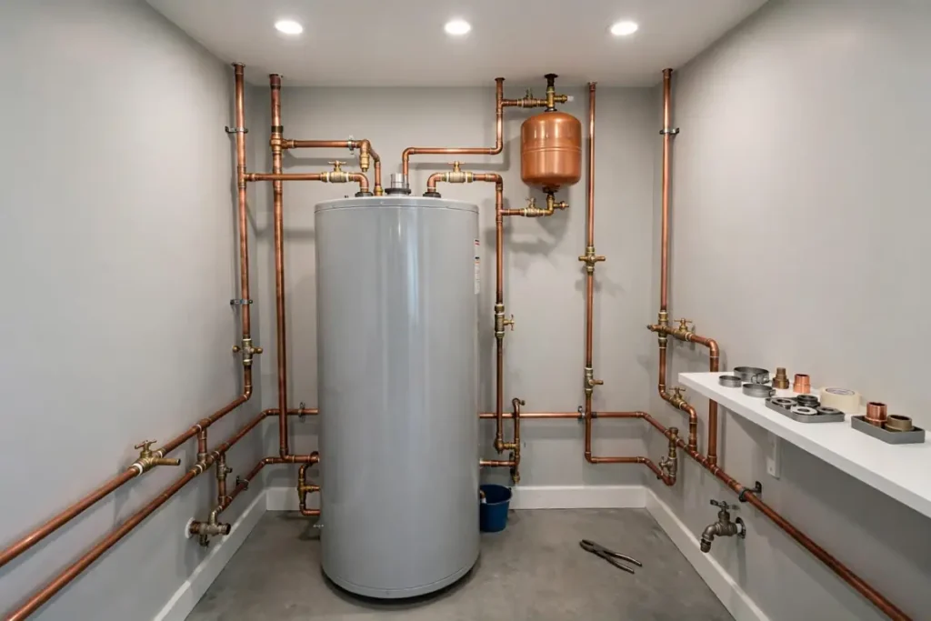 10 Common Plumbing Problems: Causes, DIY Fixes & When to Call a Pro (2026 Guide) 4 Home water heater tank with copper pipes in a utility room
